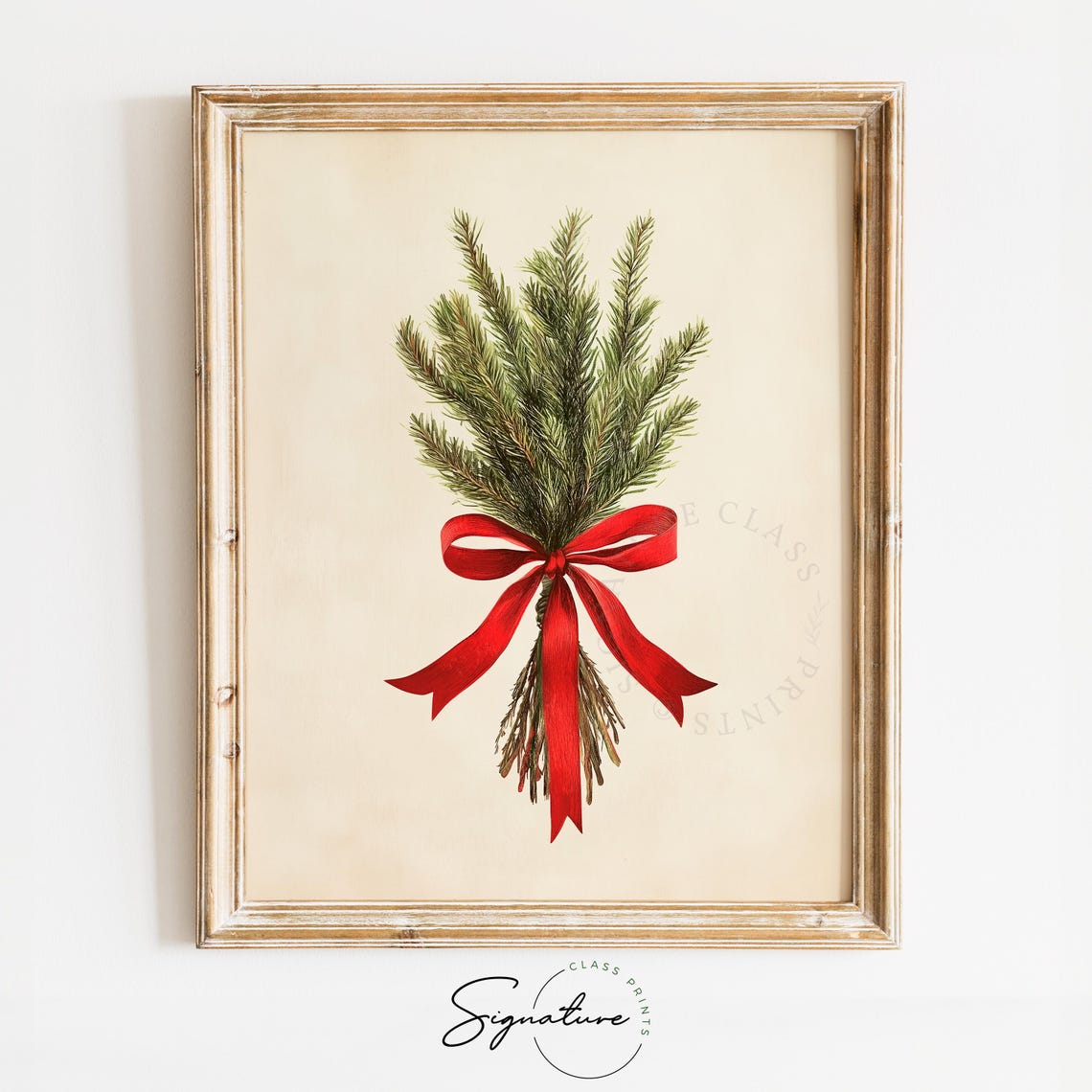 Pine Sprigs Red Bow Minimalist Christmas Greenery Botanical Art Poster