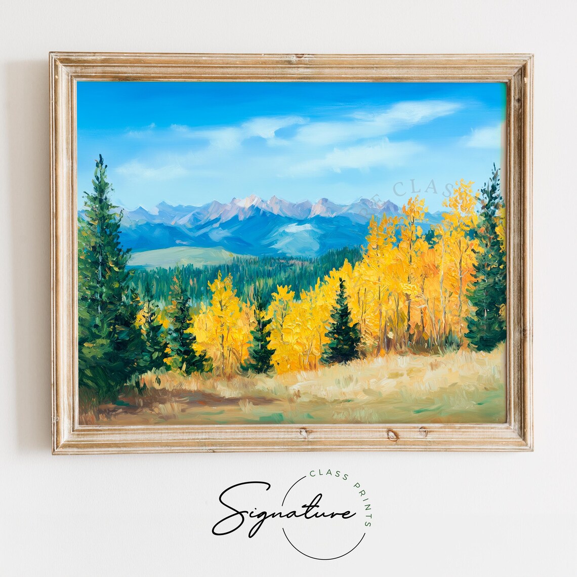 Fall Mountain Landscape Golden Aspens Blue Peaks Pine Trees Painting Poster