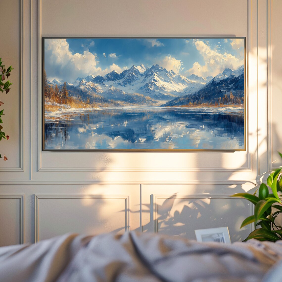 Snow Capped Mountain Peaks Reflected In Calm Alpine Lake Winter Art Poster - Image 4
