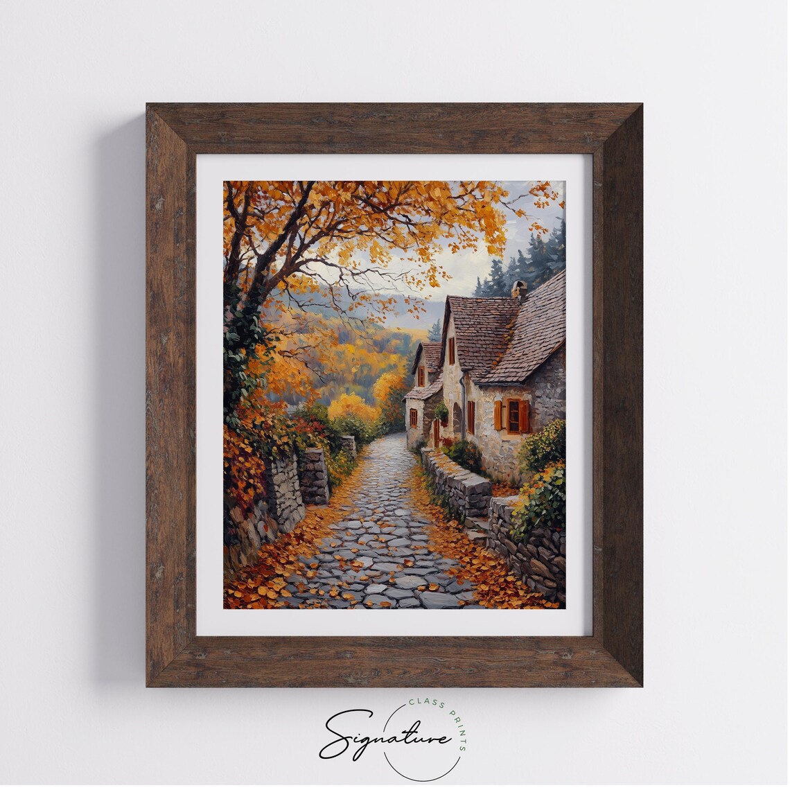 Cobblestone Village Lane, Rustic Autumn Landscape Art Print - Image 4