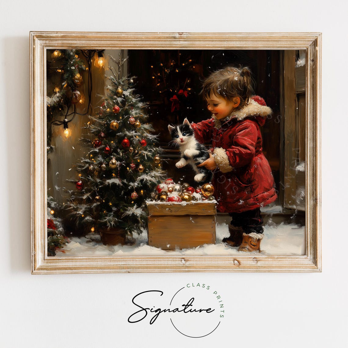 Little Girl Holding A Kitten Beside A Snowy Christmas Tree Poster