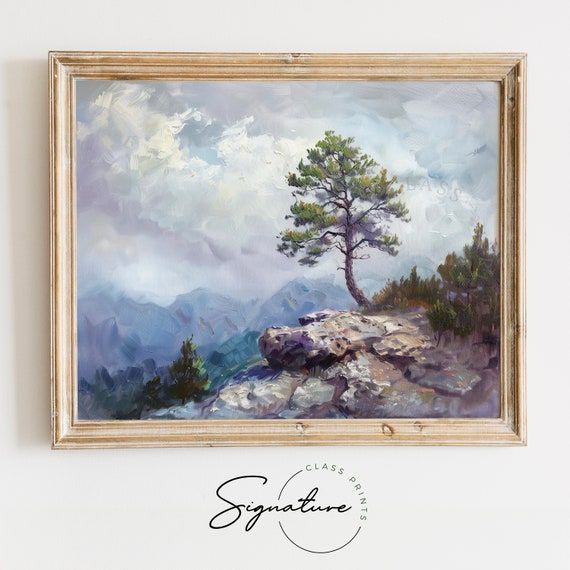 Solitary Pine Tree On Rocky Mountain Ridge Nature Wall Art Scenic Landscape Painting Living Room Decor Mountain View Art 1014