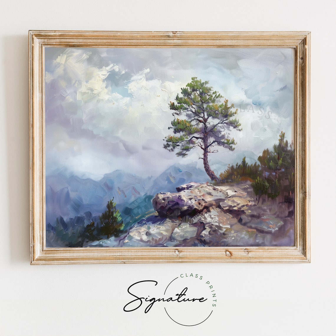 Lone Pine Tree On Rocky Ridge Above Misty Blue Mountains Poster