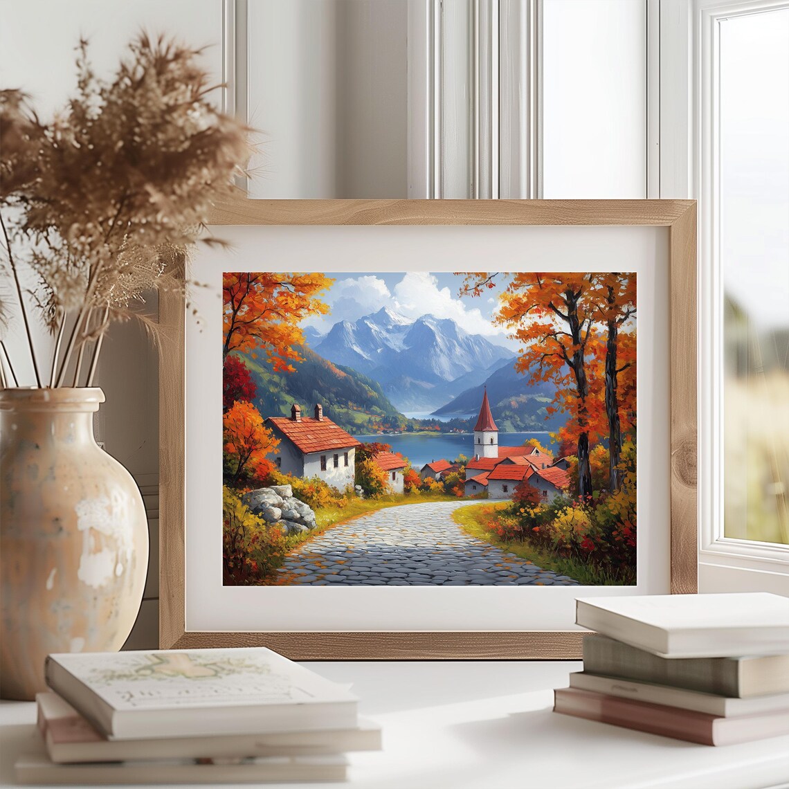 Alpine Village Autumn Lane Mountain Lake Chapel Fall Landscape Wall Art - Image 2