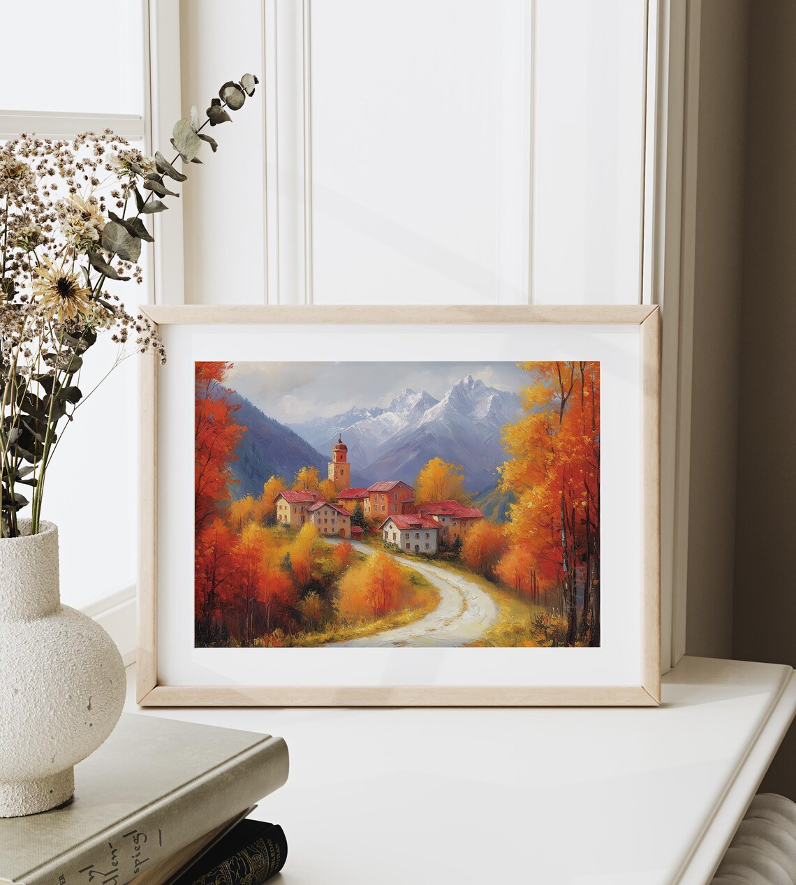 Mountain Village Church Winding Road Autumn Oil Painting Poster - Image 6