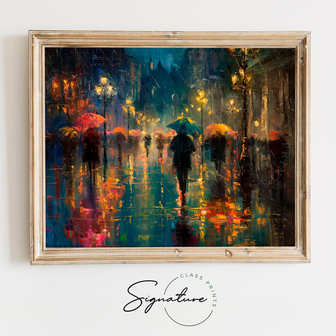 Rainy City Square At Night With Umbrellas Impressionist Poster