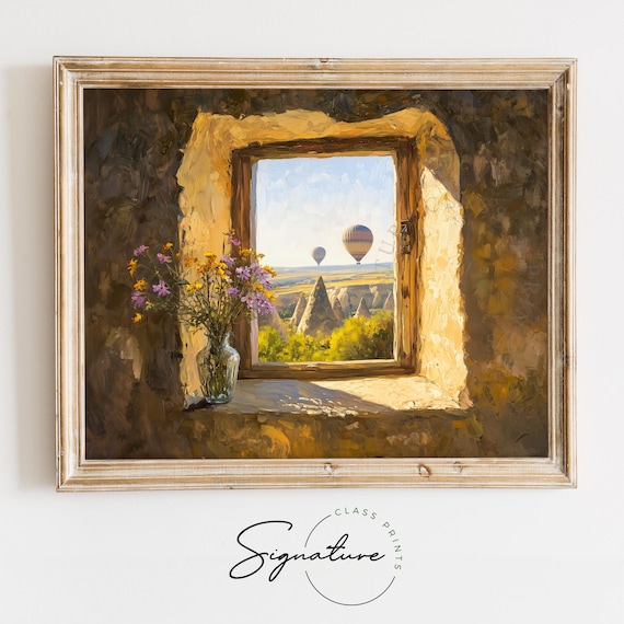 Cappadocia Cave Window With Hot Air Balloons, Travel Poster