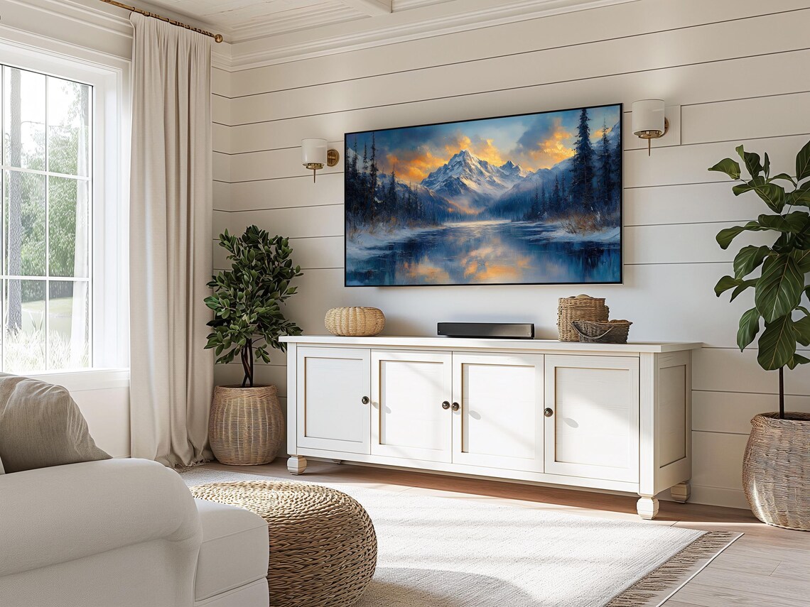 Majestic Snowy Mountain Golden Sunset Lake Reflection Dramatic Clouds Poster - Image 3