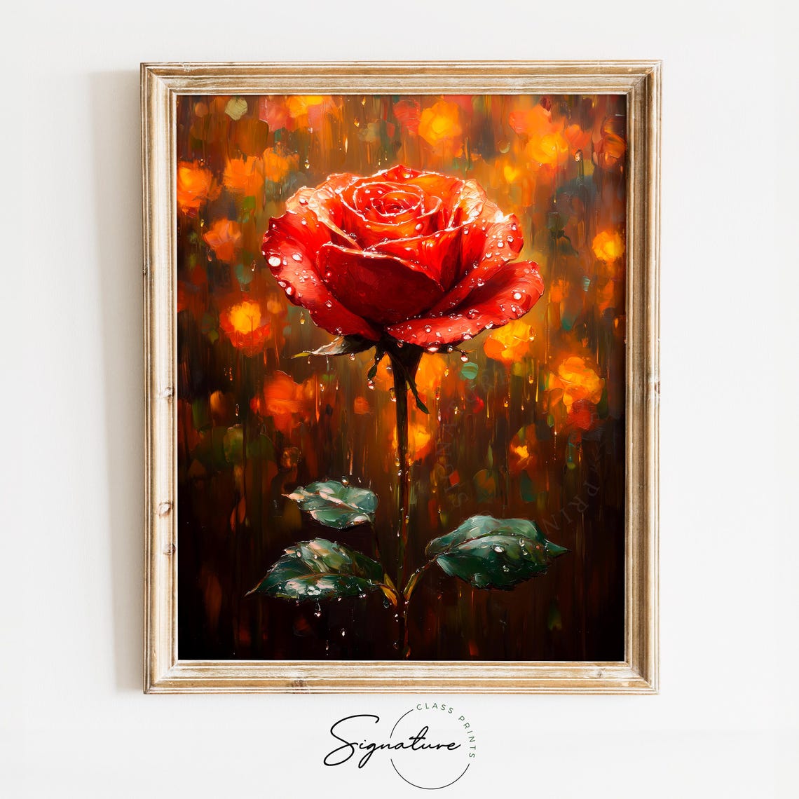 Glowing Red Rose Dew Drops Golden Bokeh Romance Floral Poster
