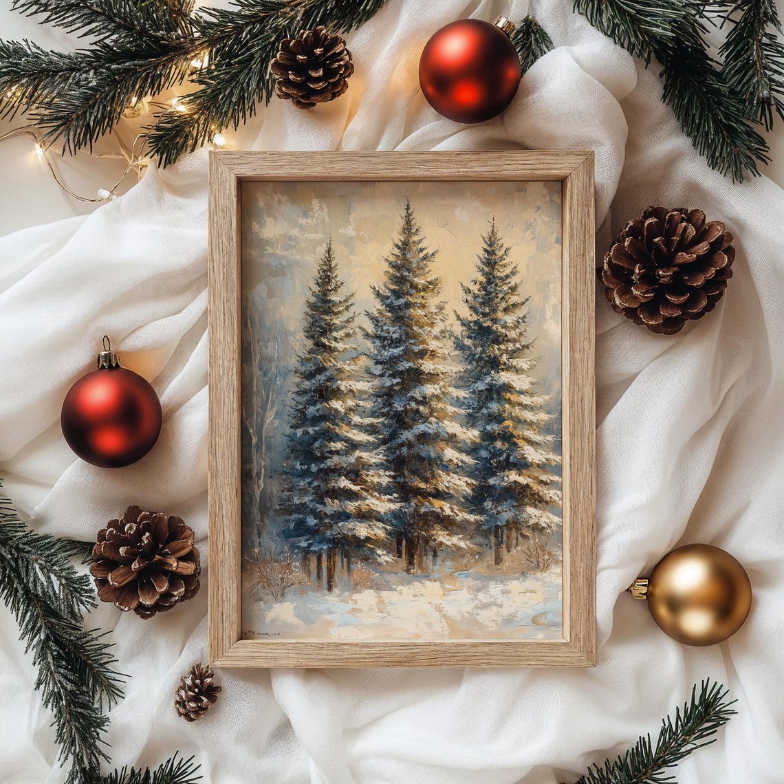 Snow Dusted Fir Trees In Winter Mist Warm Light Rustic Poster - Image 4