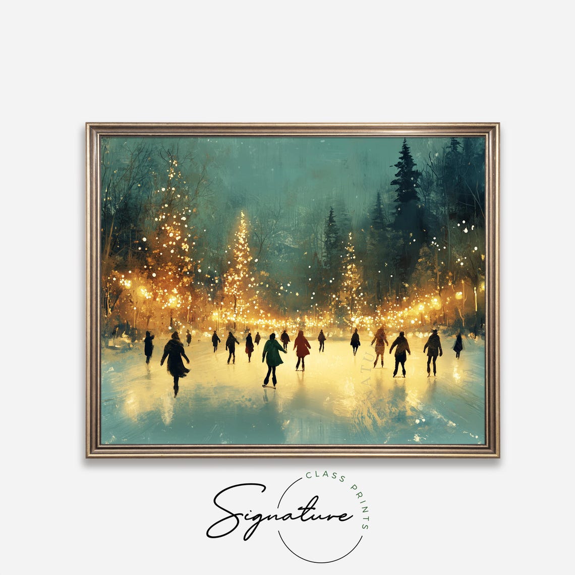 Night Ice Skaters Under Glowing Lights On Frozen Pond Poster - Image 4