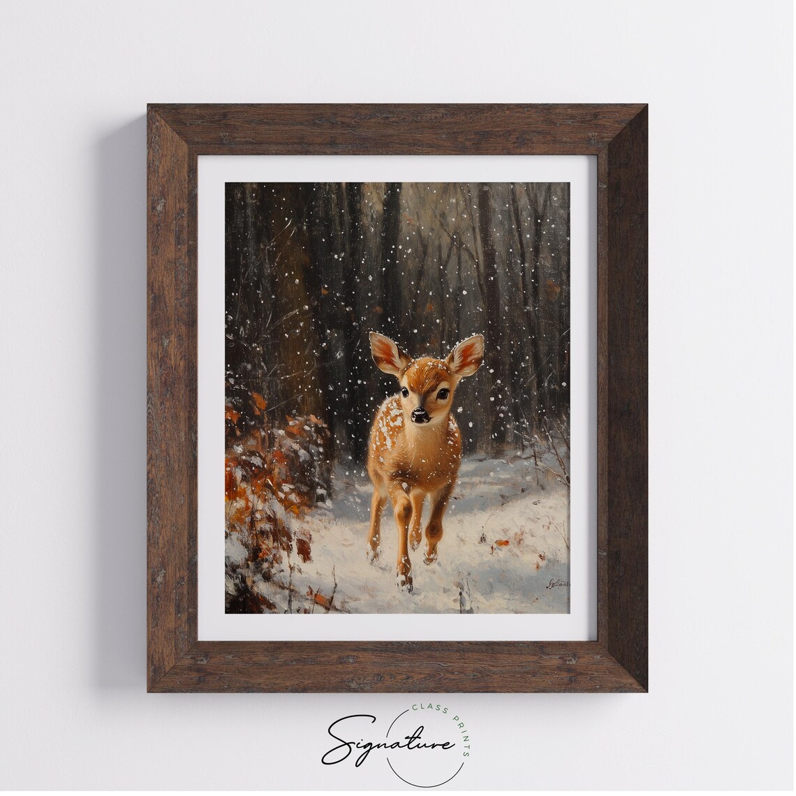 Fawn Walking in Falling Snow Winter Forest Oil Painting Print - Image 3