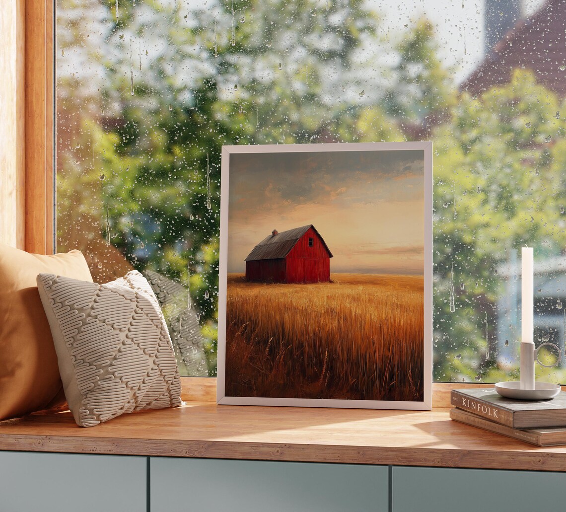 Red Barn Sunset Wheat Field Pastel Sky Evening Farm Art Poster - Image 2