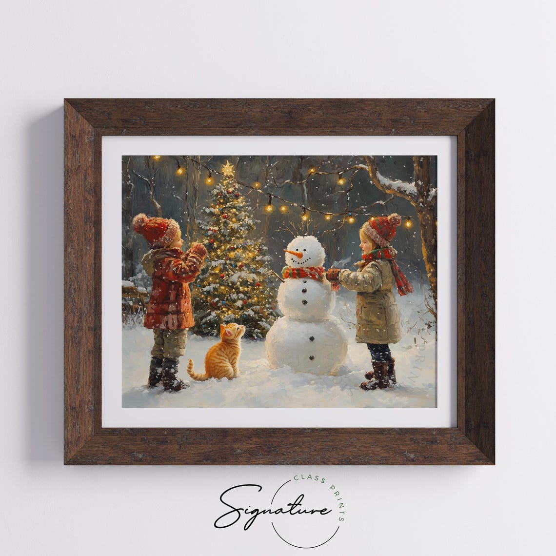 Children Building a Snowman With a Kitten by a Christmas Tree Poster - Image 5