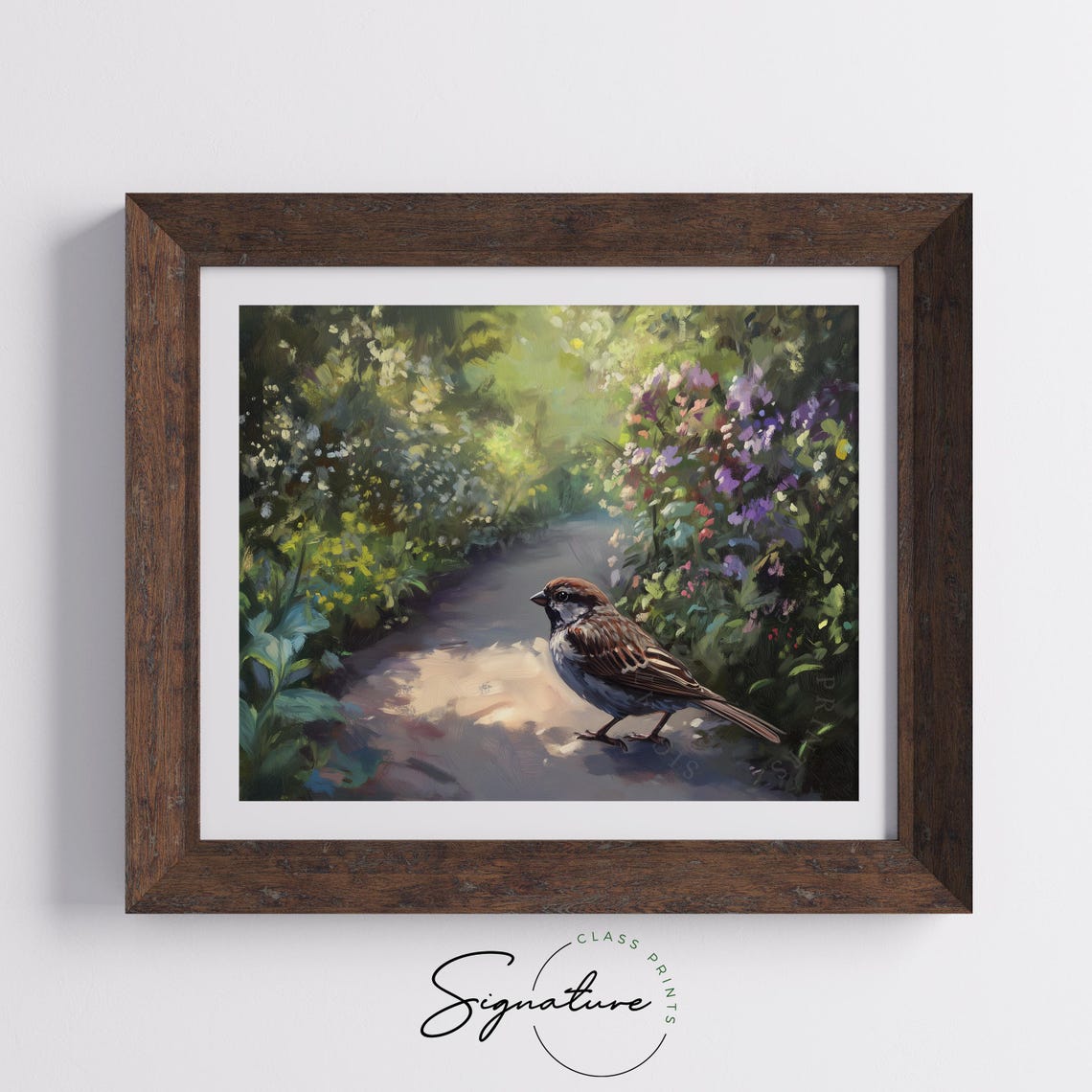 Sparrow Strolling Sunlit Garden Path Summer Wildflower Poster - Image 3