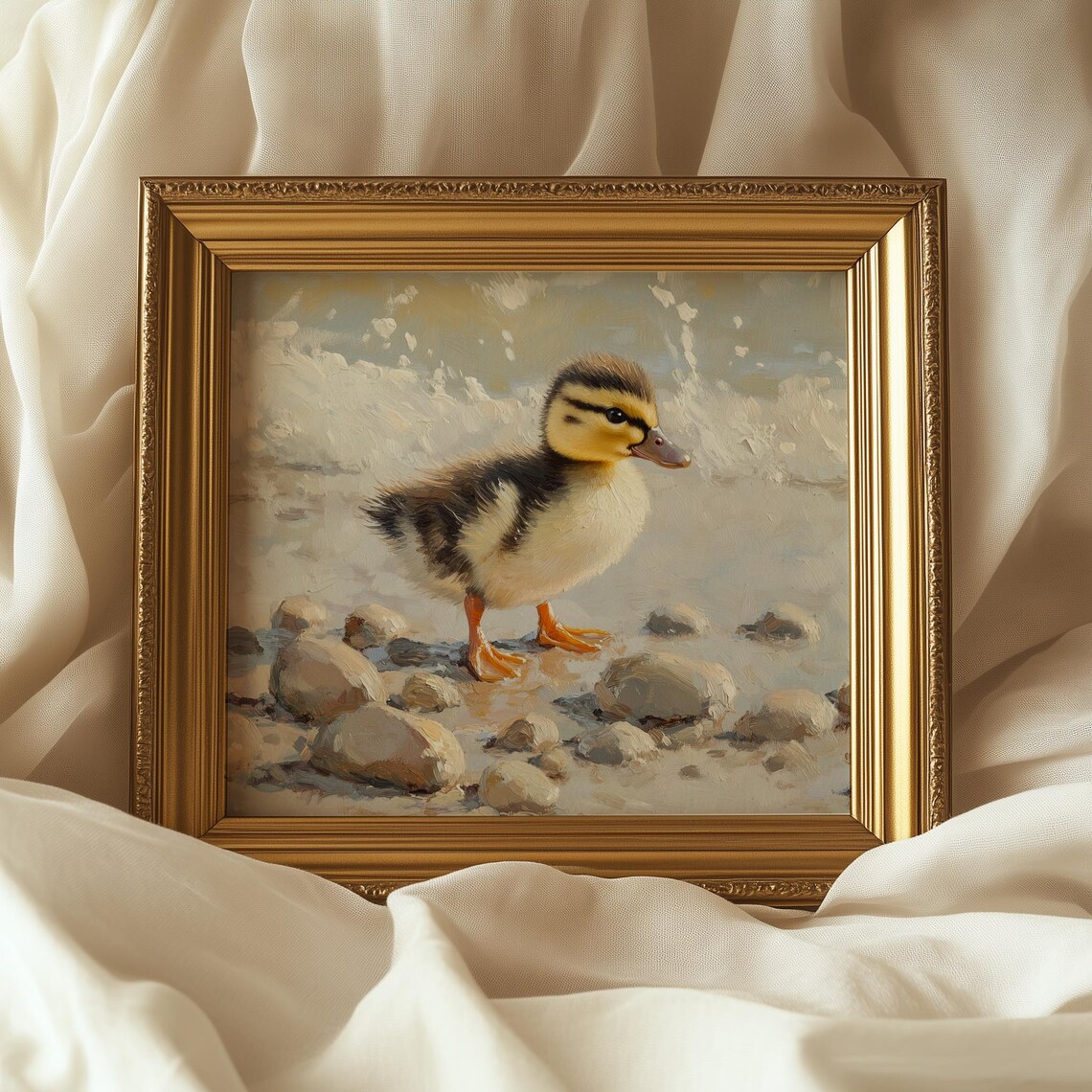 Baby Duckling Stepping on Pebbles Water Edge Spring Wildlife Painting - Image 5