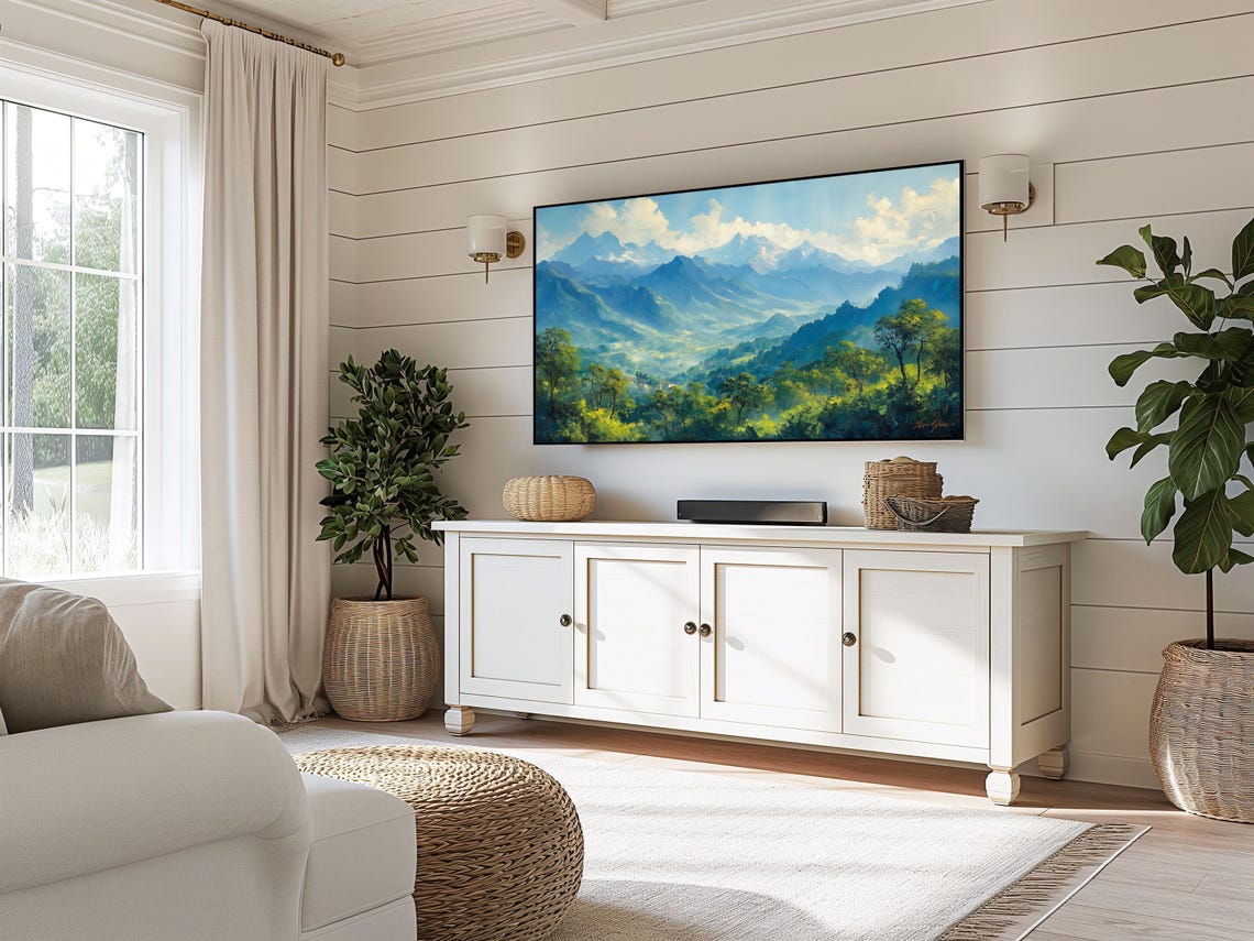 Green Mountain Valley Blue Peaks Lush Forest Scenic Painting Wall Art - Image 5