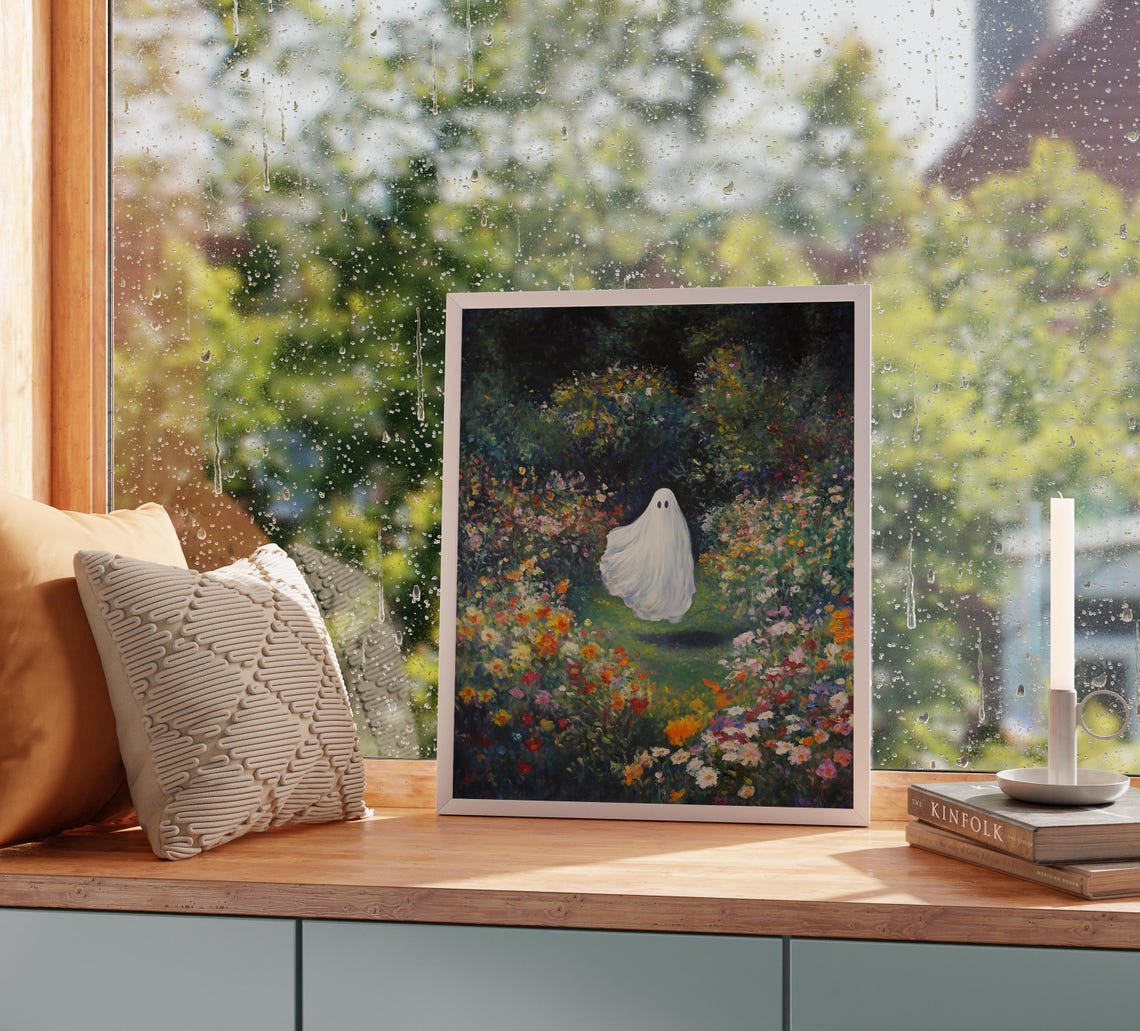 Whimsical Ghost Floating Among Wildflowers in a Dark Garden Poster - Image 2