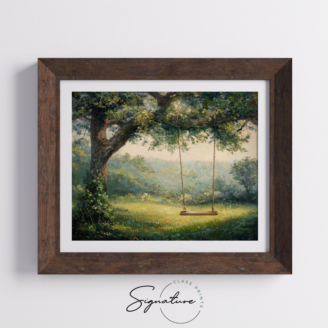 Wooden Swing Under Oak Tree Canopy Misty Green Meadow Vintage Poster - Image 5