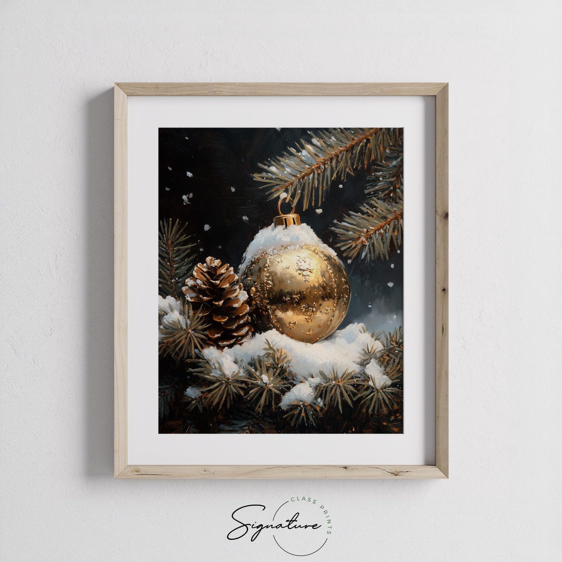Gold Ornament Hanging From Snowy Branch Pinecone Still Life Poster - Image 3