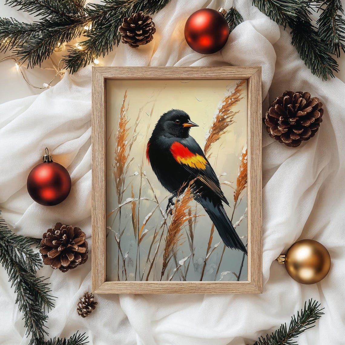 Red Winged Blackbird In Winter Reeds Striking Nature Art Poster - Image 4