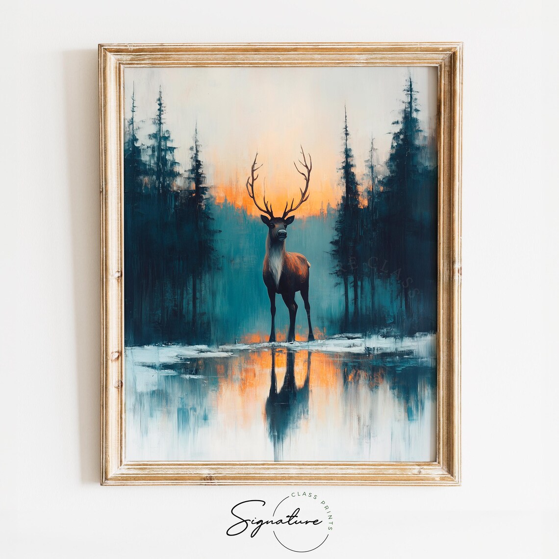 Reindeer Standing in Water at Sunset Wildlife Oil Painting Print