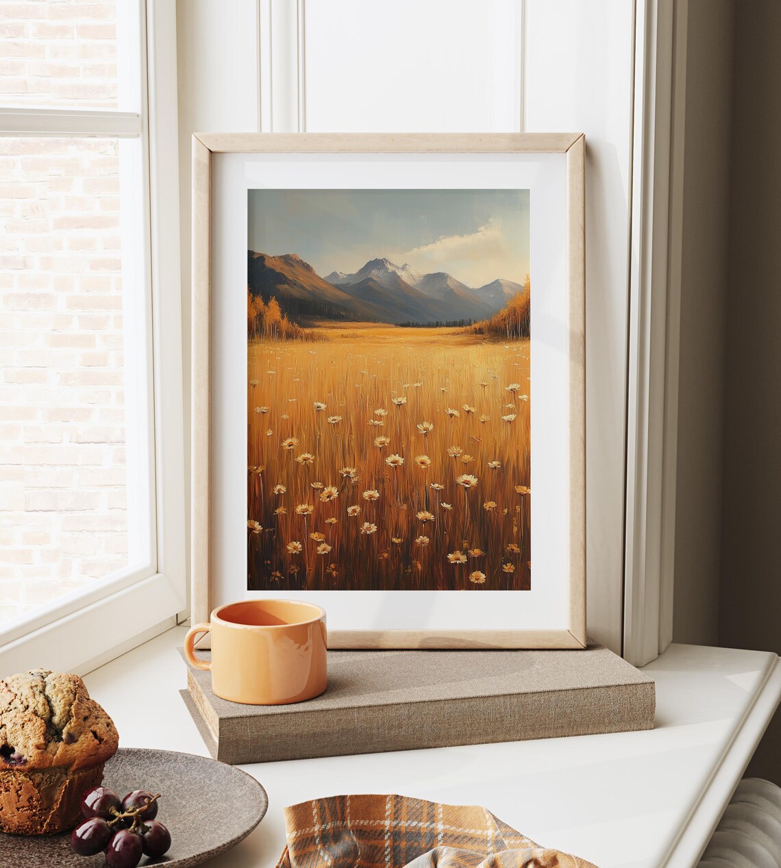 Golden Wildflower Field Mountain Valley Snowy Peak Landscape Print - Image 6
