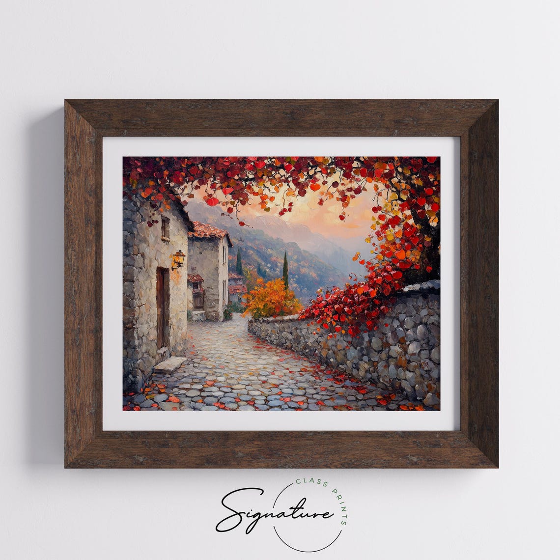 Cobblestone Village Lane Autumn Vines Stone Wall Rustic Fall Wall Art - Image 5