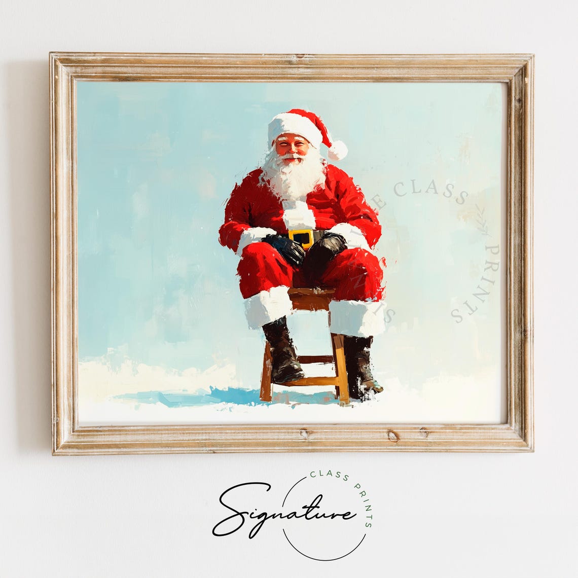 Santa Claus Seated Portrait Teal Background Painterly Holiday Poster