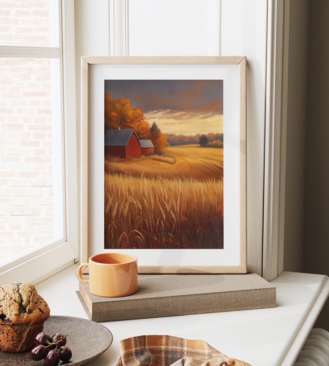 Red Barn at Sunset Over Golden Wheat Field Autumn Landscape Poster - Image 6