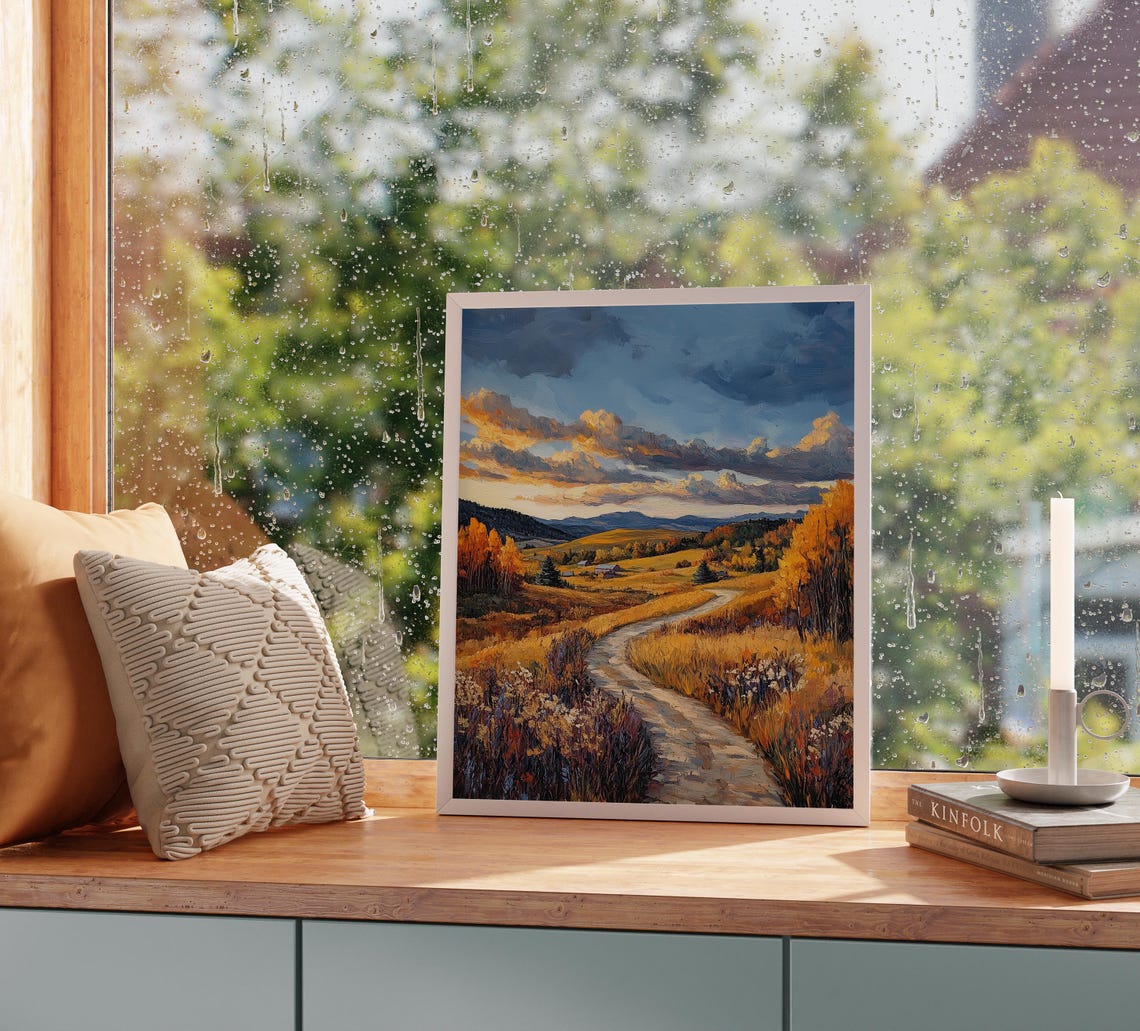 Winding Autumn Path Through Golden Hills Toward Blue Mountains Poster - Image 2