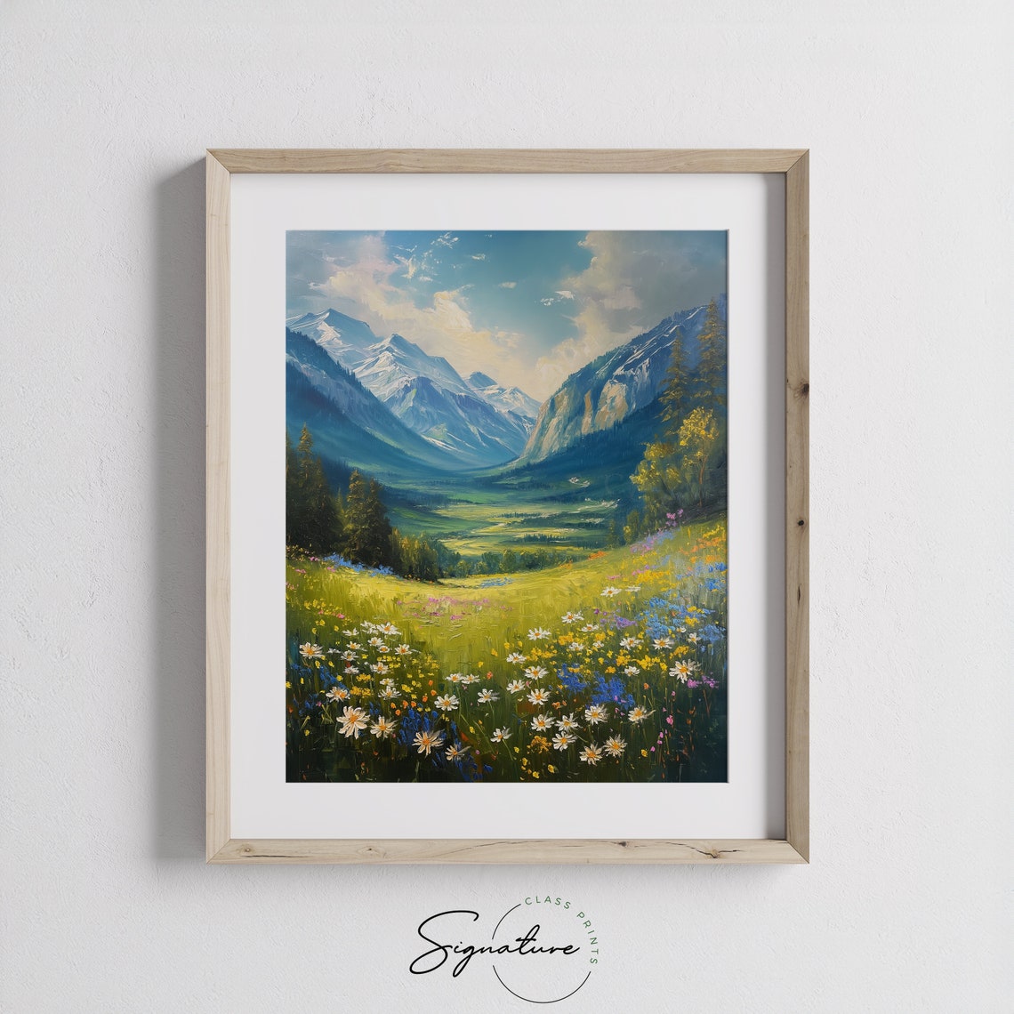 Alpine Meadow Of Daisies Beneath Snowy Peaks Spring Art Poster - Image 3