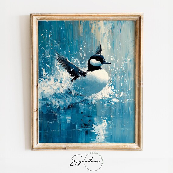 Hooded Merganser Duck Splash Landing Blue Water Bird Wildlife Poster