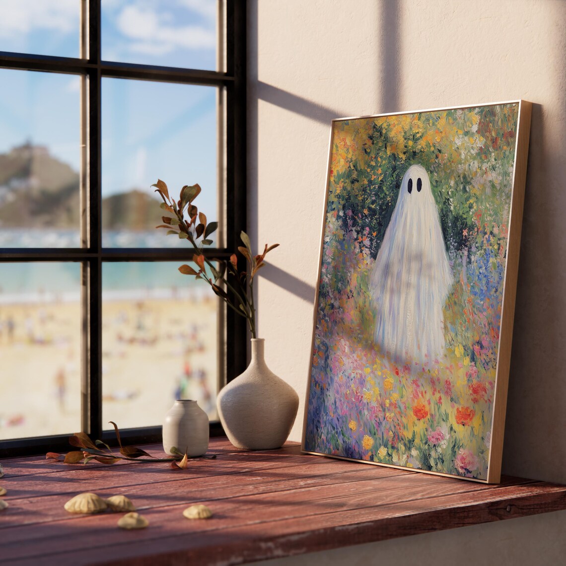 Cute White Ghost Colorful Wildflower Field Halloween Art Poster - Image 5