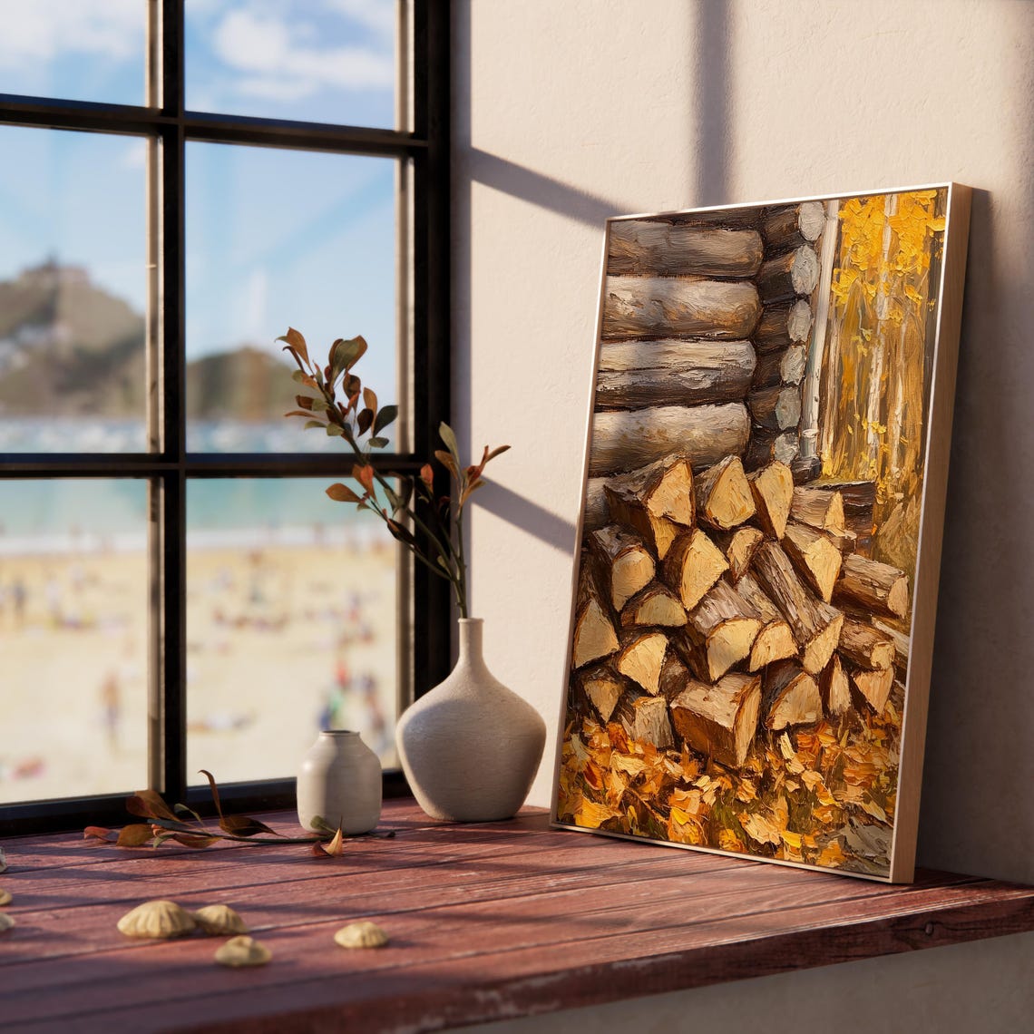 Chopped Firewood Stacked Beside Log Cabin In Golden Fall Poster - Image 5