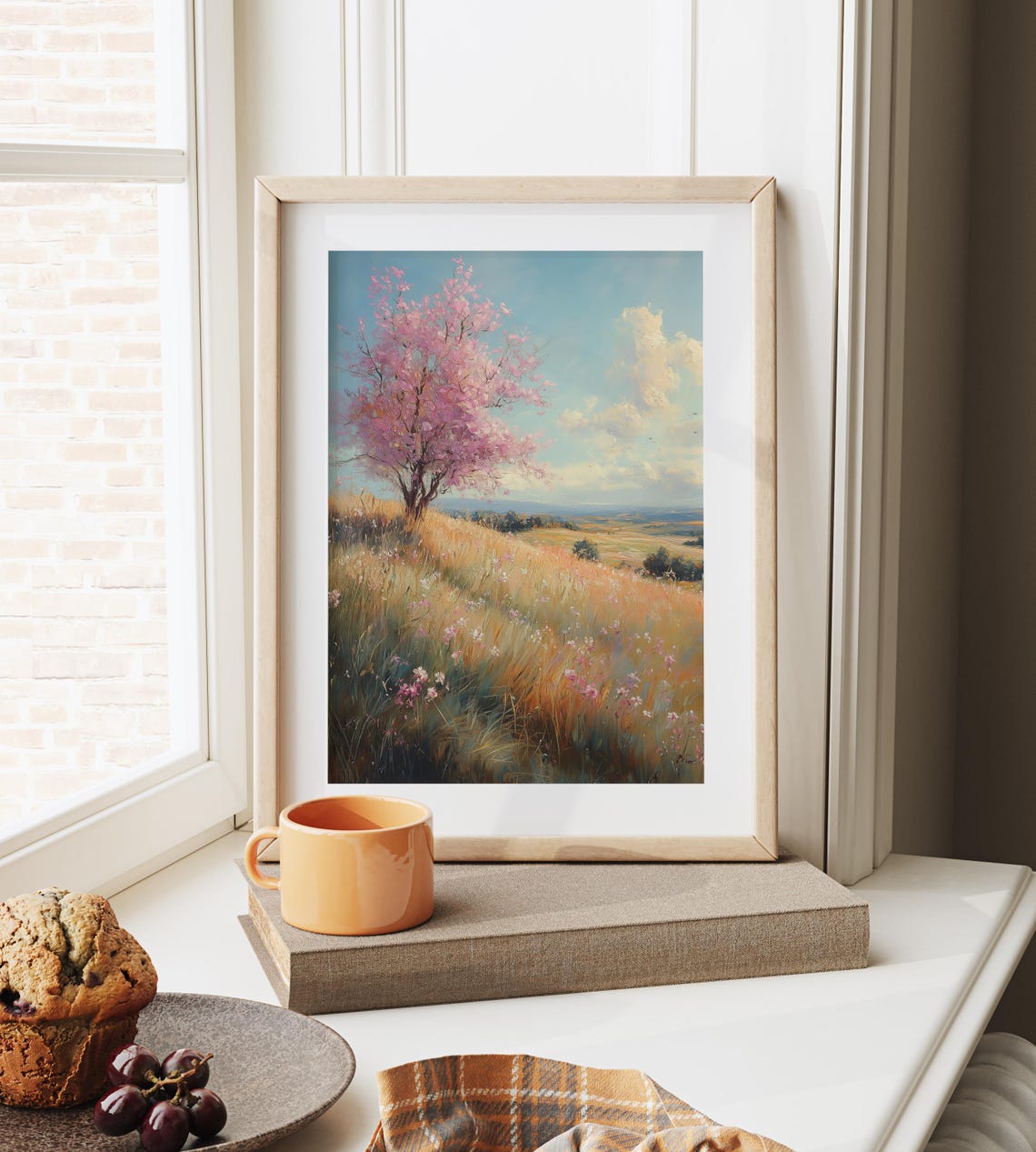Pastoral Spring Meadow With Blossoming Pink Tree Golden Field Poster - Image 6