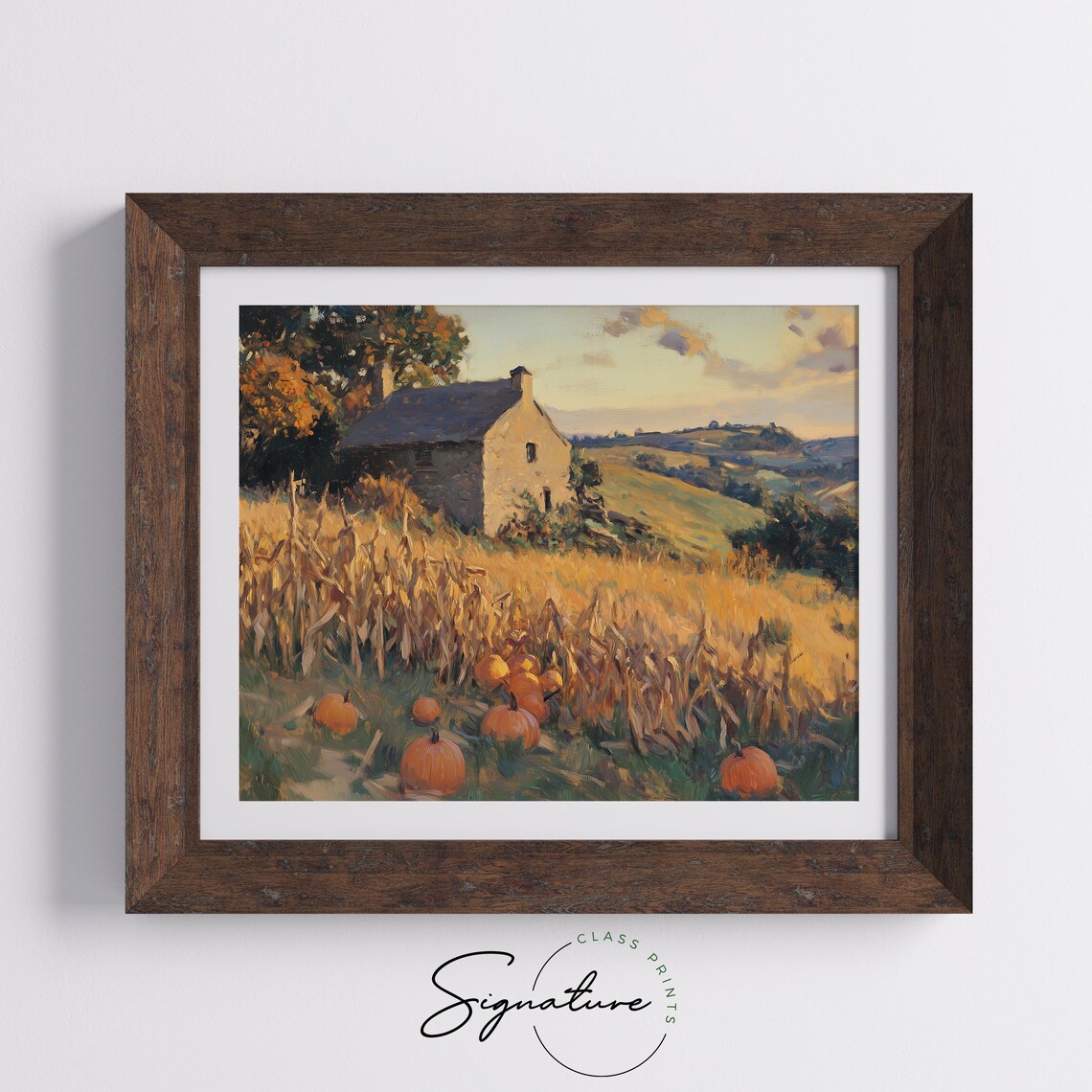 Stone Cottage With Pumpkins Resting in a Golden Cornfield Sunset Poster - Image 5
