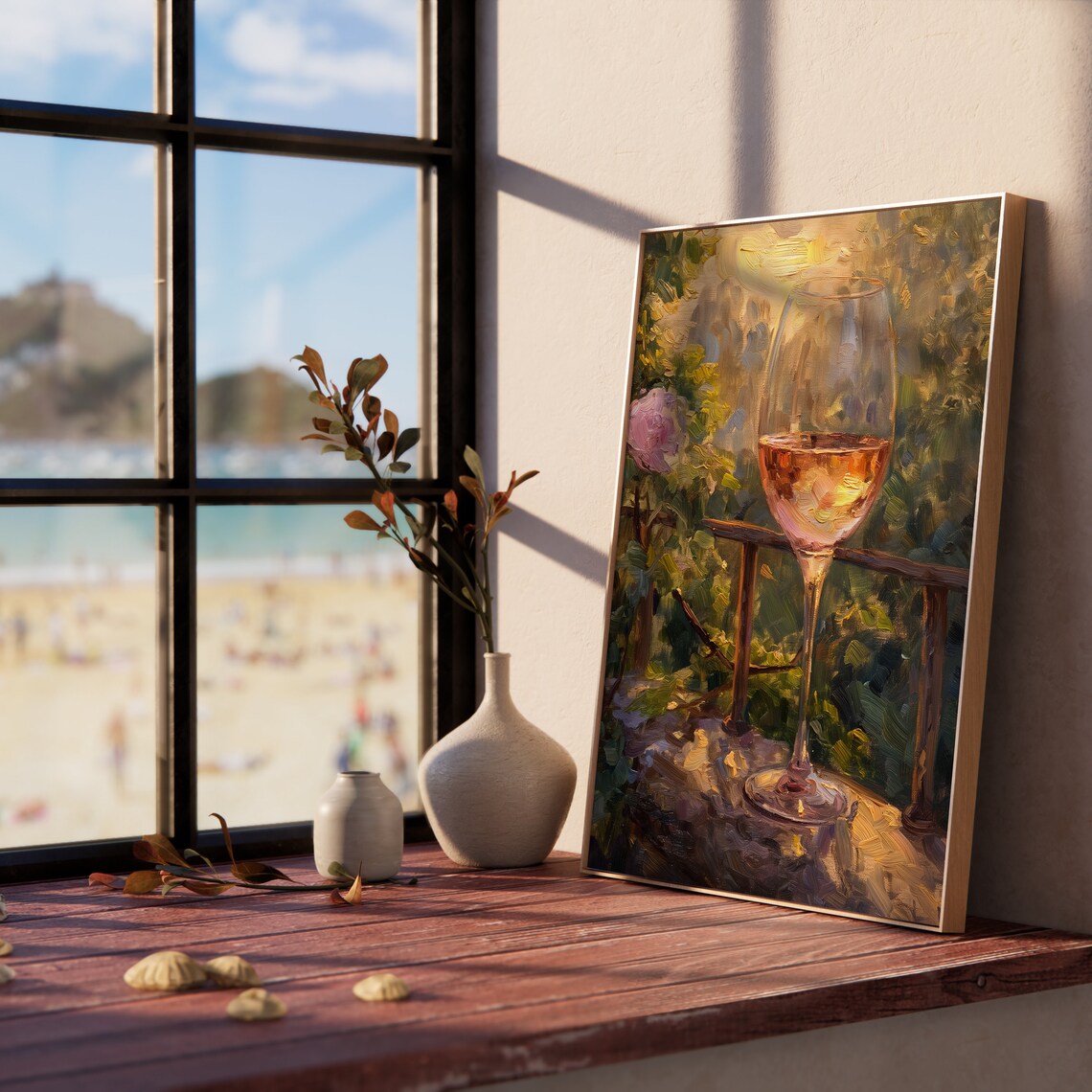Rose Wine Glass Garden Roses Golden Sunset Balcony Stone Wall Oil Poster - Image 5