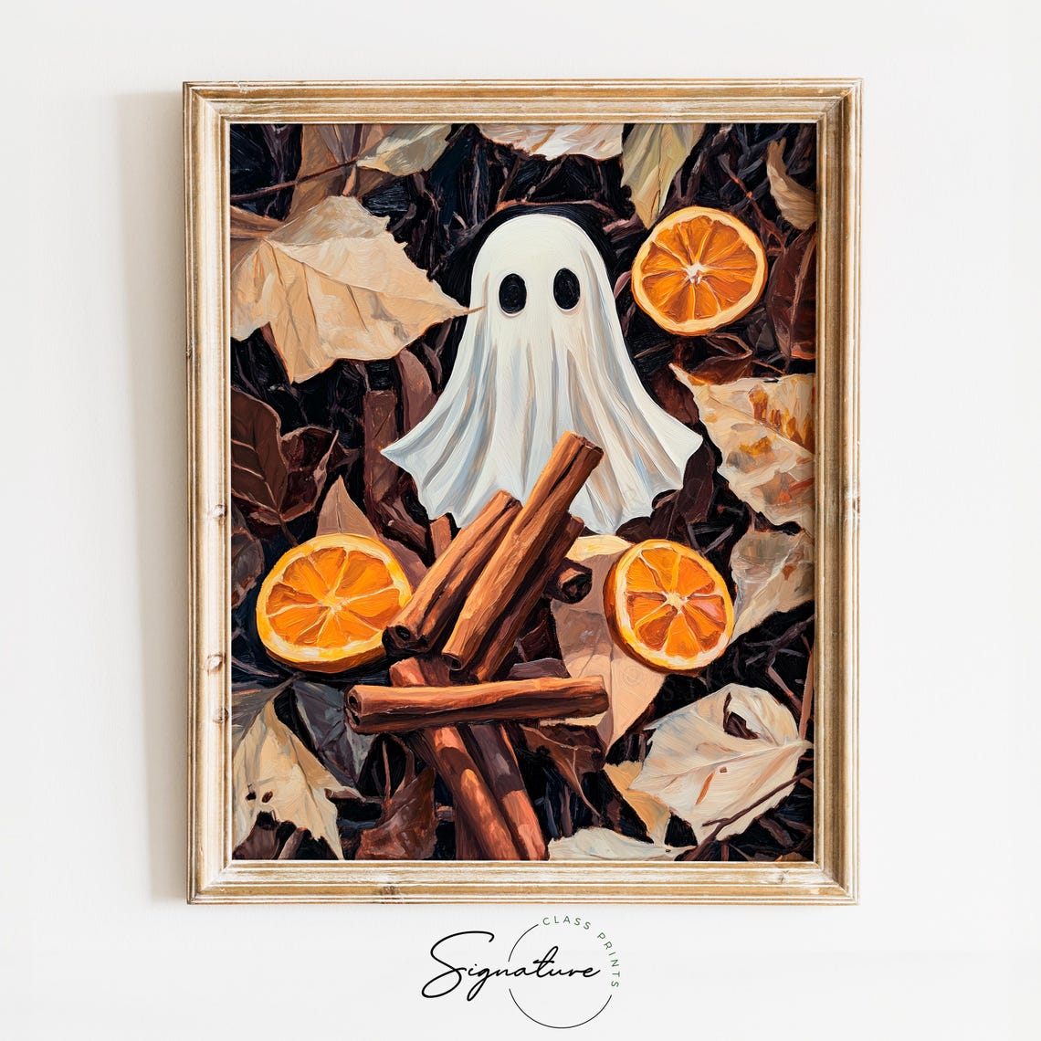 Cute Ghost Autumn Still Life Oranges Cinnamon Halloween Poster