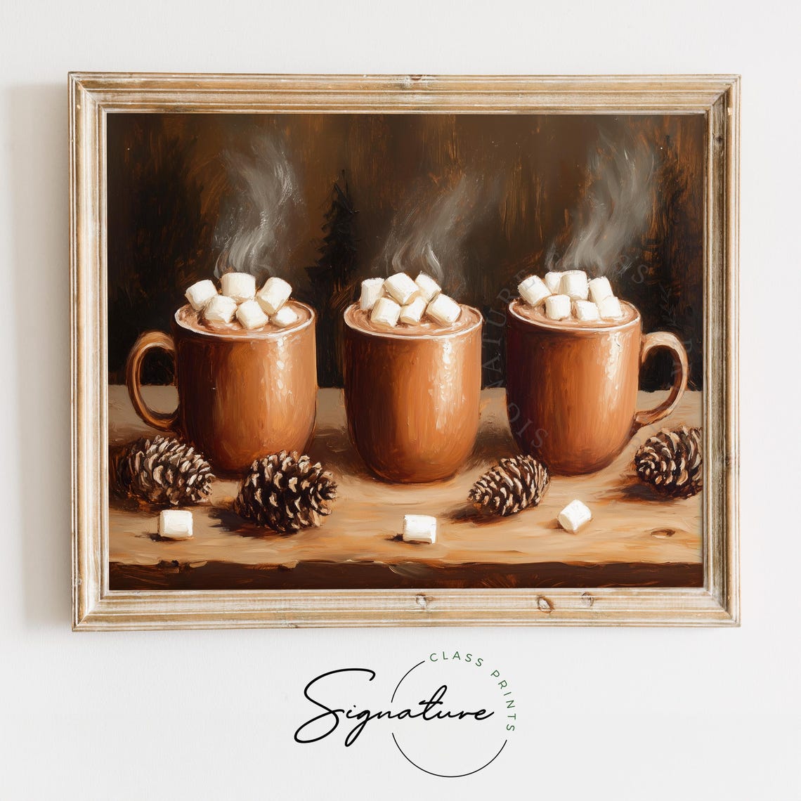 Three Steaming Hot Cocoa Mugs With Marshmallows On Wood Poster