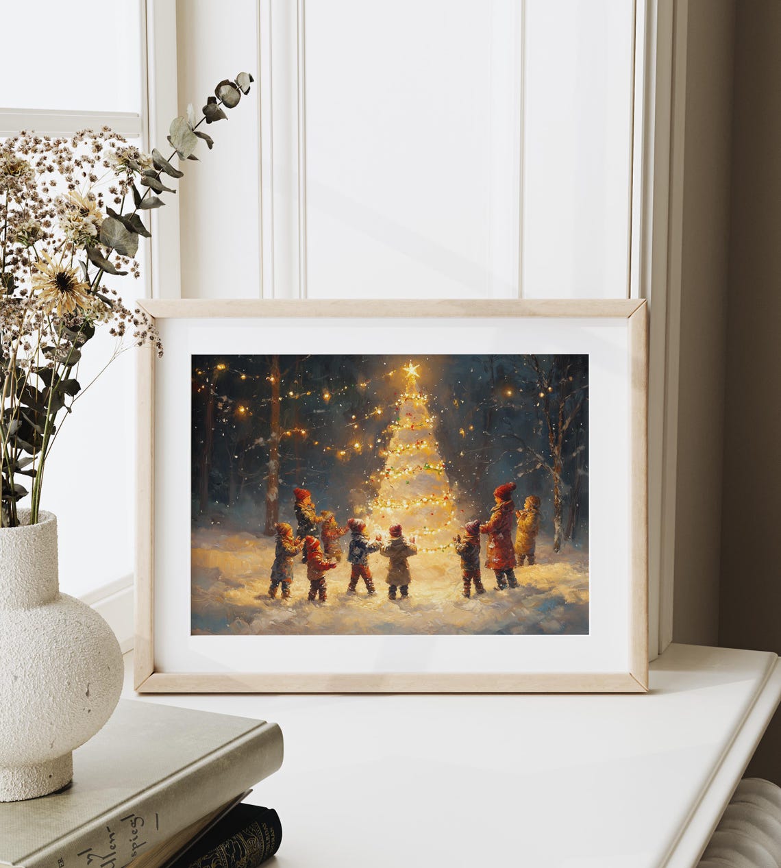 Children Gathering Around A Lit Christmas Tree On A Snowy Night Poster - Image 6