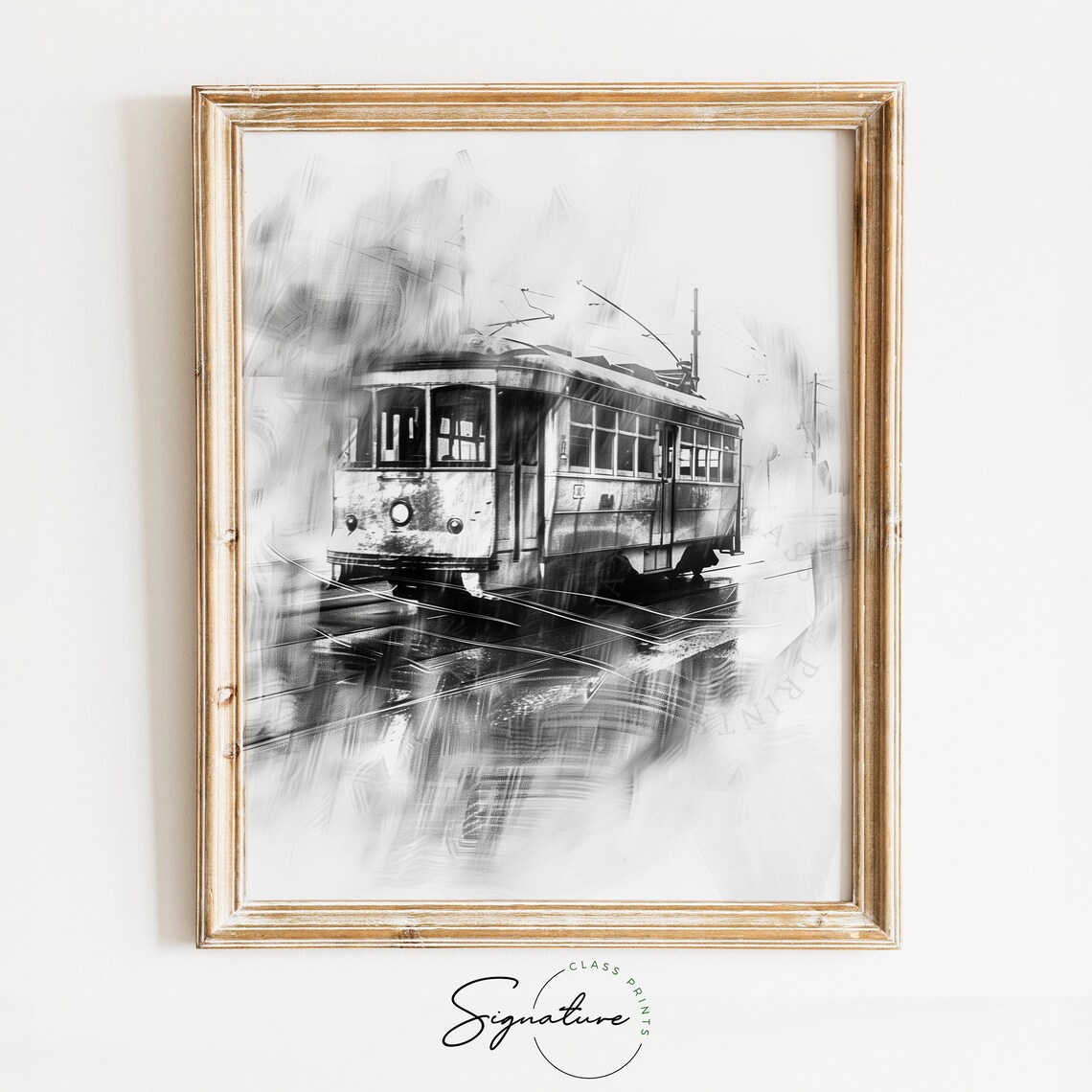 Vintage Streetcar on Rainy Street Black and White City Poster