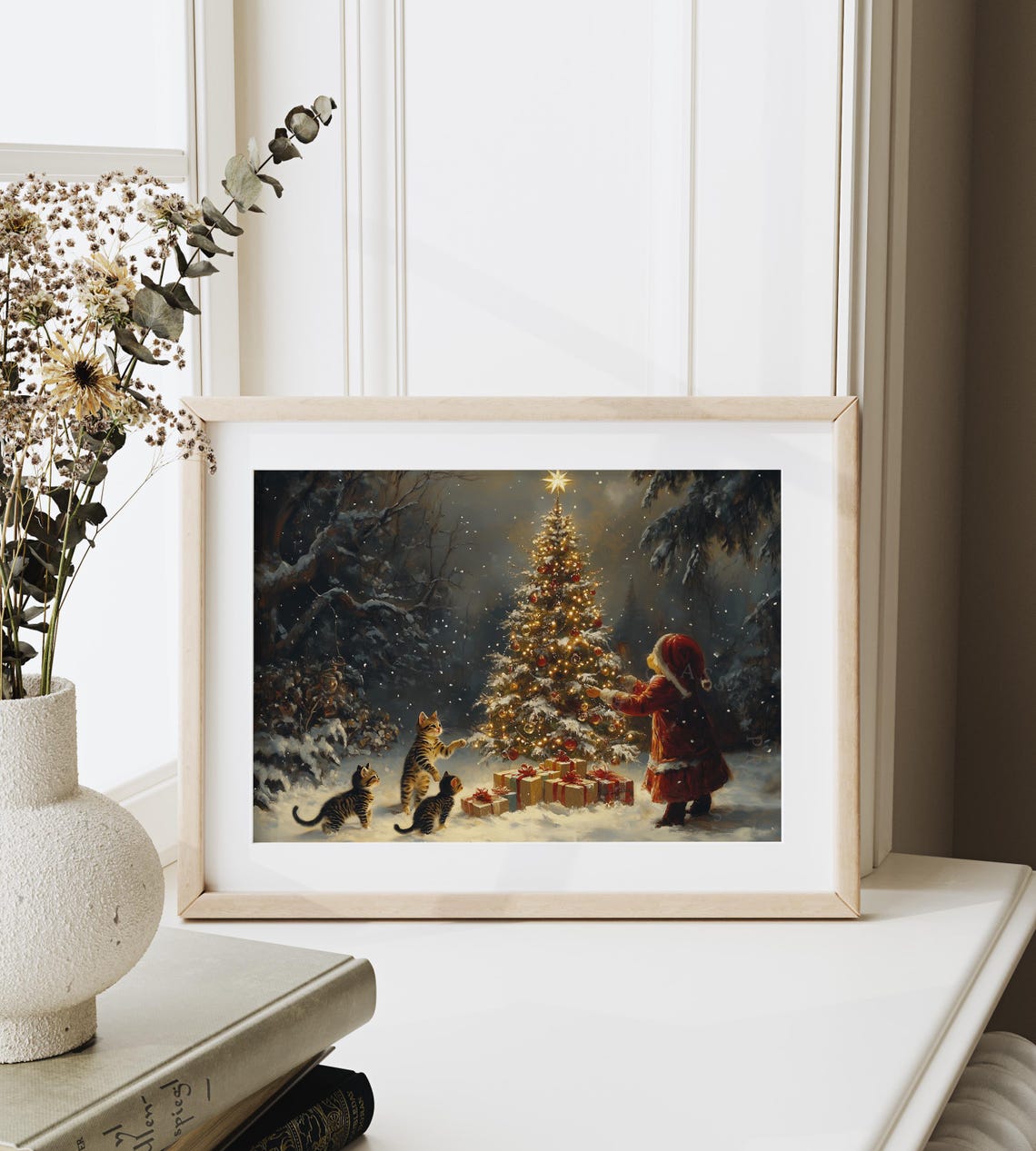 Child Decorating Outdoor Christmas Tree with Three Kittens Poster - Image 6