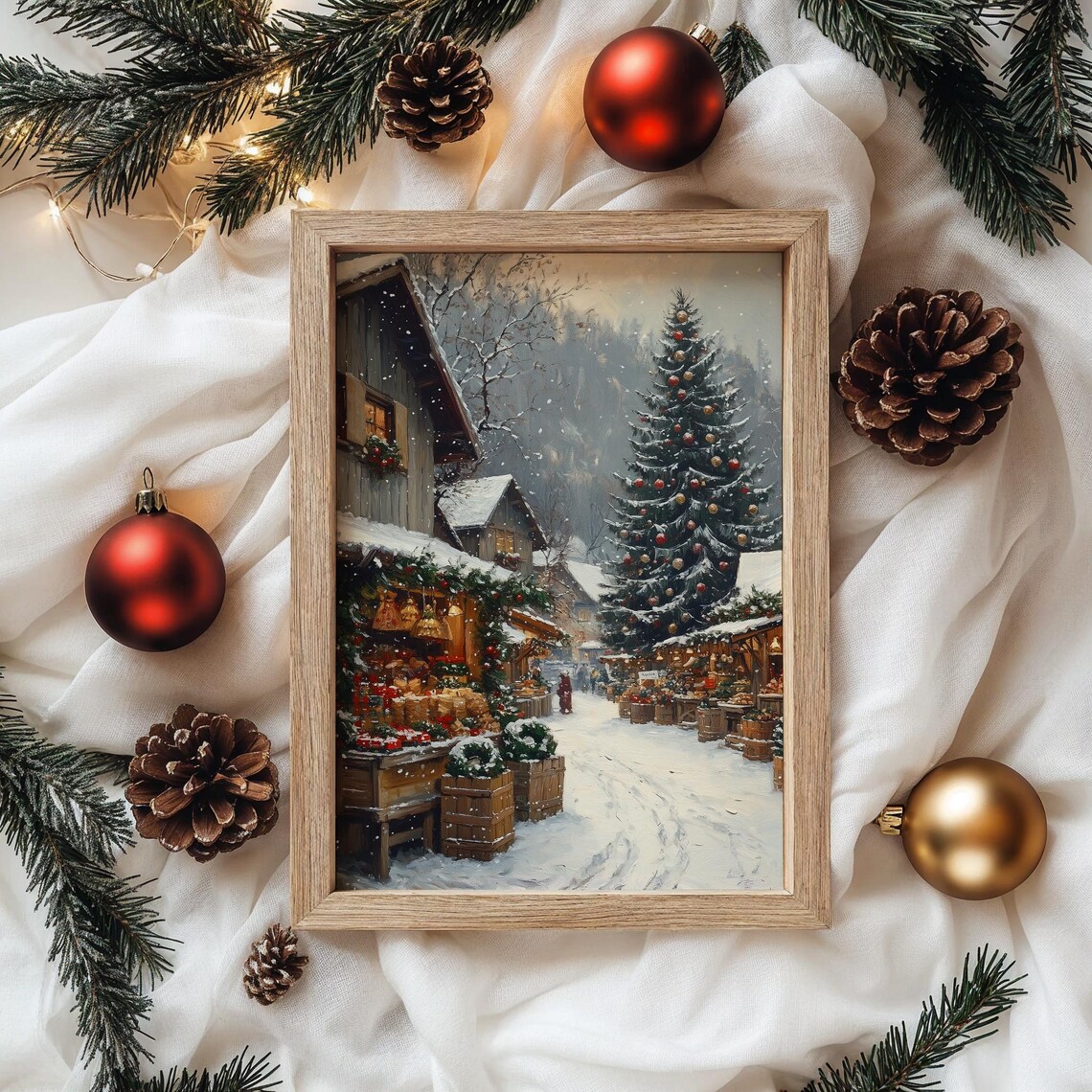 Snowy Christmas Market with Big Tree and Warm Market Stalls Poster - Image 4