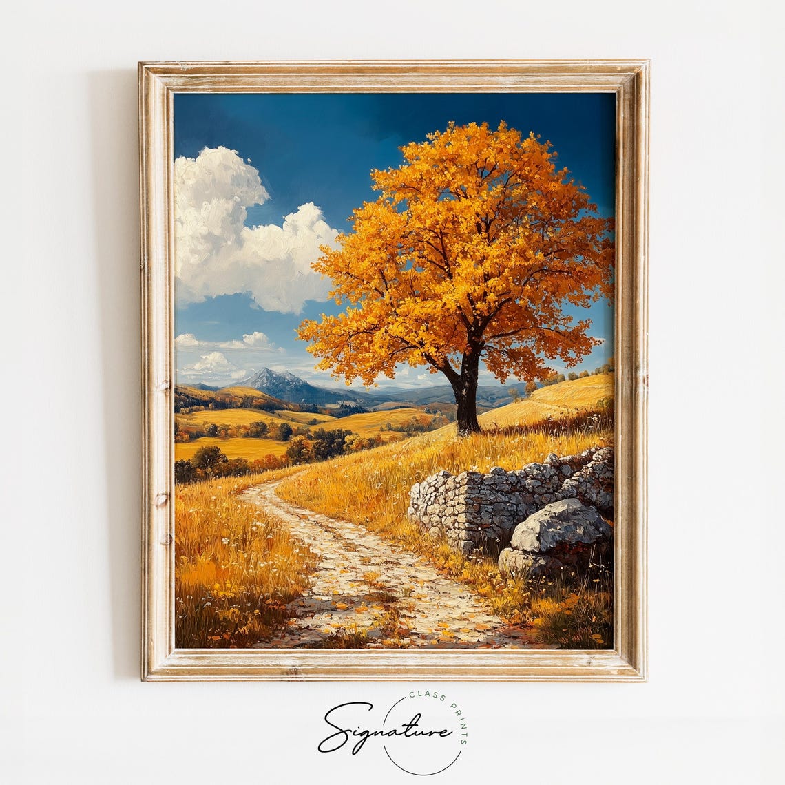Golden Autumn Tree Lone Hillside Path Mountain View Oil Art Poster