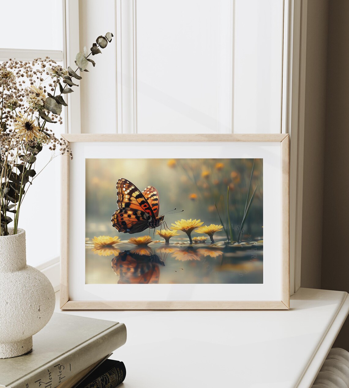Butterfly Reflection In Golden Water With Yellow Flowers Calm Art Poster - Image 6
