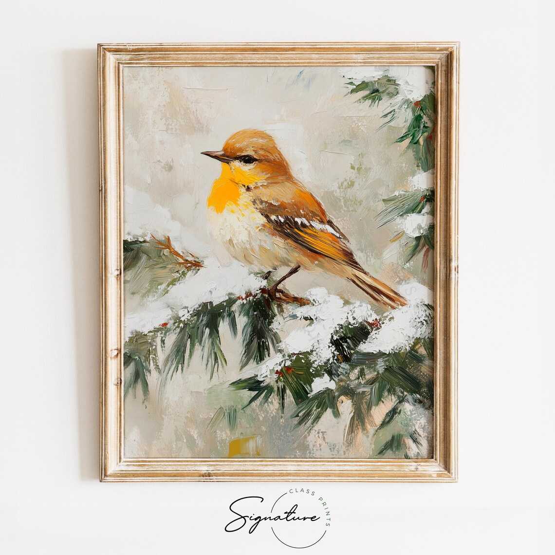 Golden Yellow Songbird on Snowy Pine Branch Winter Oil Style Poster