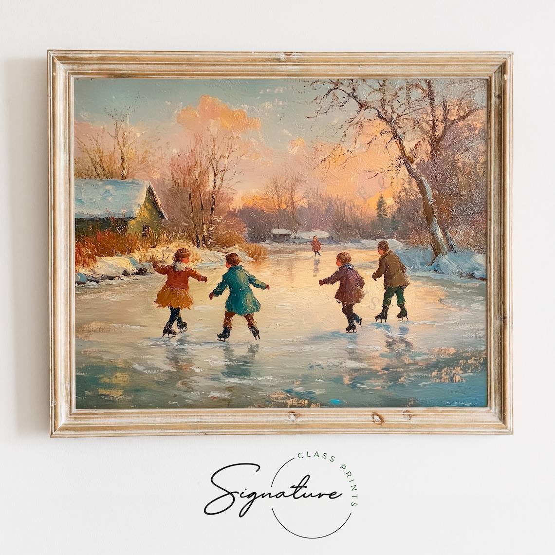 Four Children Skating On A Frozen Pond At Sunset In Winter Poster