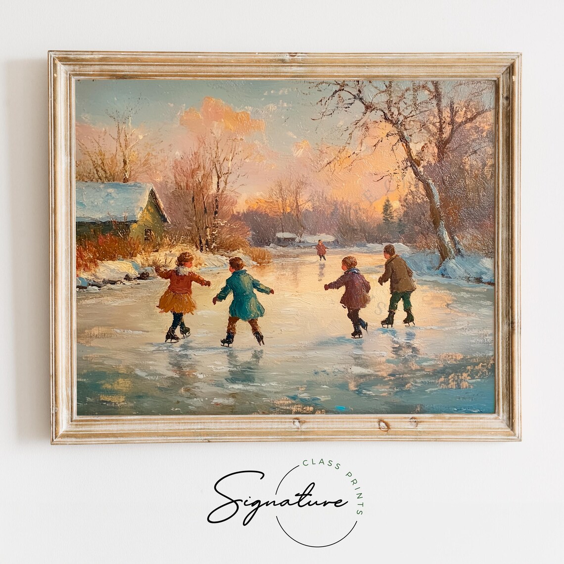 Winter Ice Skating Scene Rustic Wall Art Vintage Christmas Painting Farmhouse Holiday Decor Warm Tones Festive Country Village Art 2793