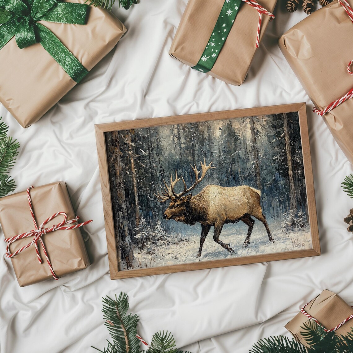 Bull Elk Walking Through Snowy Forest Winter Wildlife Oil Style Poster - Image 2